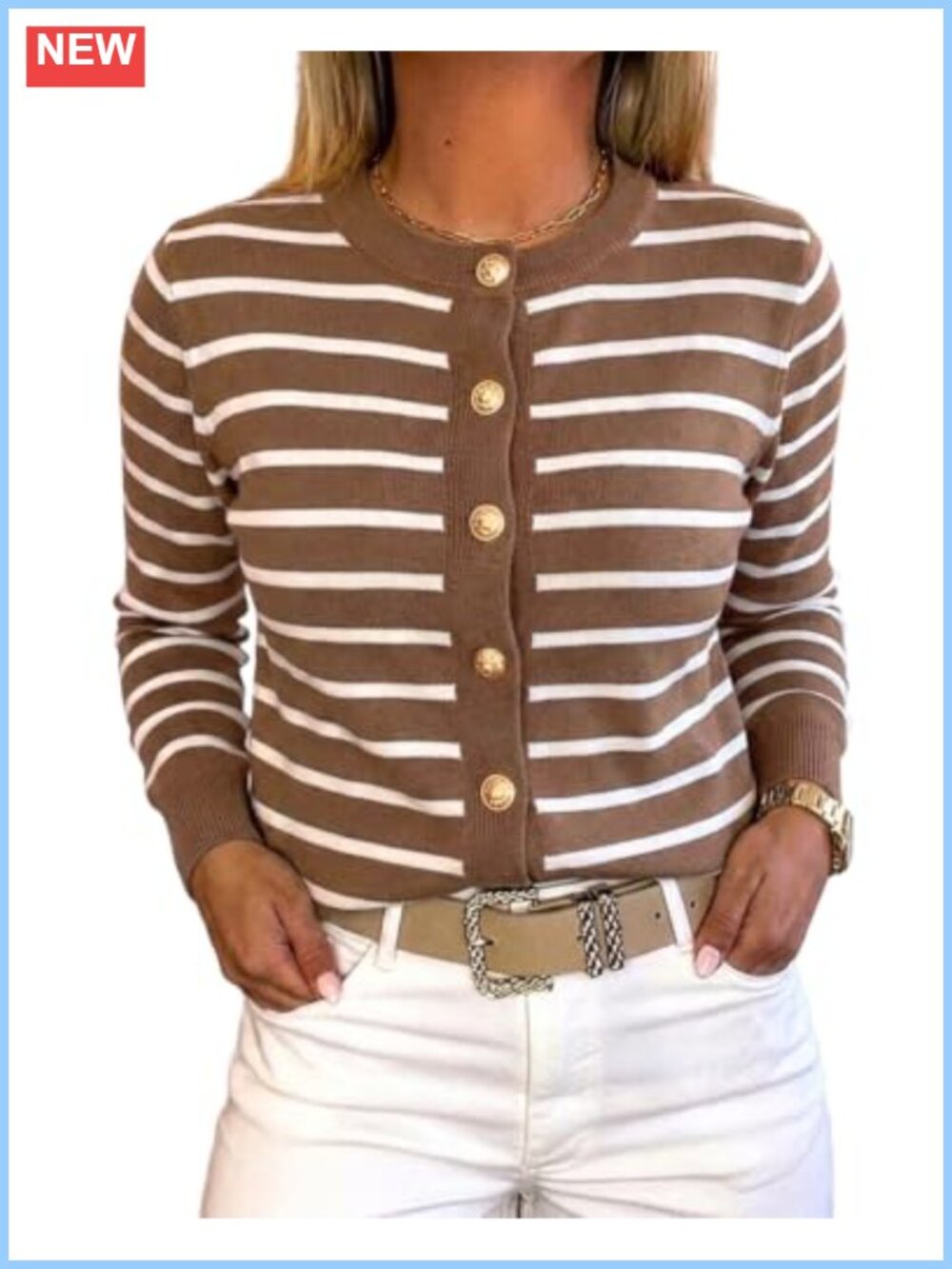 Women Striped Knit Cardigan Crewneck Button Down Sweater Relaxed Fit Soft
